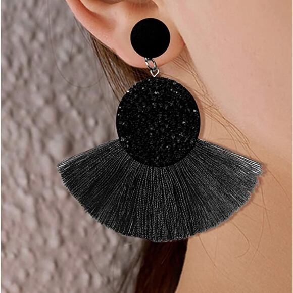 Black Crystal Disc Tassel Earrings - Picture 1 of 3